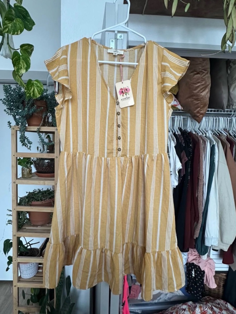 Mustard and White Striped Button-Front Flutter Sleeve Dress